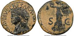 Ancients Roman Imperial Claudius I (AD 41-54). AE as (26mm, 10.93 gm, 6h). NGC Choice Fine 4/5 - 3/5. Rome, ca. AD 41-42. TI CLAVDIVS CAESAR AVG P M TR•P•IMP, bare head of Claudius I left / Minerva ad