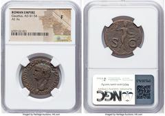 Ancients Roman Imperial Claudius I (AD 41-54). AE as (28mm, 6h). NGC Fine. Rome, ca. AD 46-54. TI CLAVDIVS CAESAR•AVG P M TR P IMP P P, bare head of Claudius left / Minerva advancing right, brandishin