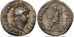 Ancients Roman Imperial Nero, as Augustus (AD 54-68). AR denarius (18mm, 3.21 gm, 5h). NGC VF 5/5 - 2/5, scuff, edge marks. Rome, ca. AD 67/8. IMP NERO CAESAR-AVG P P, laureate head of Nero right / IV