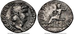 Ancients Roman Imperial Nero, as Augustus (AD 54-68). AR denarius (17mm, 6h). NGC Fine, scratches. Rome, ca. AD 67/8. IMP NERO CAESAR-AVG P P, laureate head of Nero right / IVPPITER-CVSTOS, Jupiter en