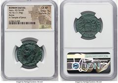 Ancients Roman Imperial Nero, as Augustus (AD 54-68). AE as (26mm, 11.54 gm, 6h). NGC Choice XF 4/5 - 3/5. Rome, ca. AD 66. IMP NERO CAESAR AVG GERM, laureate head of Nero left / PACE P R VBIQ PARTA I