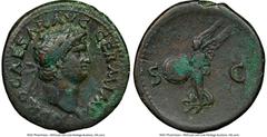 Ancients Roman Imperial Nero, as Augustus (AD 54-68). AE as (29mm, 5h). NGC Choice Fine. Rome, AD 65. NERO CAESAR AVG-GERM IMP, laureate head of Nero right / Victory flying left, round shield inscribe