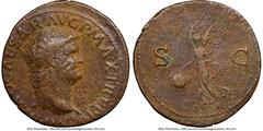Ancients Roman Imperial Nero, as Augustus (AD 54-68). AE as (28mm, 6h). NGC Fine. Lugdunum, AD 66. IMP NERO CAESAR AVG P MAX TR P P P, bare head of Nero right, globe at point of truncation / Victory f