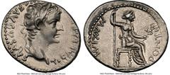 Ancients Roman Imperial Tiberius (AD 14-37). AR denarius (19mm, 3.80 gm, 5h). NGC Choice XF 4/5 - 3/5, brushed. Lugdunum, ca. AD 18-35. TI CAESAR DIVI-AVG F AVGVSTVS, laureate head of Tiberius right /