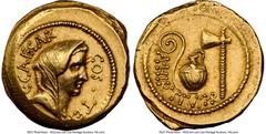 Ancients Roman Republic Julius Caesar, as Consul for the Third Time (ca. 46 BC), with Aulus Hirtius, as Praetor. AV aureus (20mm, 7.95 gm, 3h). NGC Choice XF 5/5 - 3/5, brushed. Rome. C•CAESAR-COS•TER