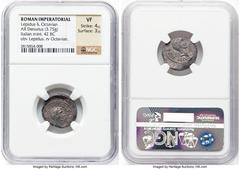 Ancients Roman Republic Lepidus, as Pontifex Maximus and Triumvir (ca. 43-36 BC), with Octavian, as Imperator and Triumvir. AR denarius (18mm, 3.75 gm, 6h). NGC VF 4/5 - 3/5. Military mint with Lepidu