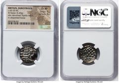 Ancients Celtic BRITAIN. Durotriges. Ca. 60-20 BC. BI stater (19mm, 5.49 gm, 3h). NGC Choice XF 5/5 - 4/5. Mainstream Series, Spread Tail type, 58-45 BC. Devolved head of Apollo right / Disjointed hor