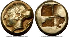 Ancients Greek IONIA. Phocaea. Ca. 477-388 BC. EL sixth-stater or hecte (10mm, 2.56 gm). NGC Choice VF 5/5 - 3/5. Female head left, hair in sphendone, wearing disk earring and beaded necklace; seal do