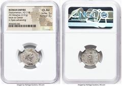 Ancients Roman Imperial Diadumenian (AD 218). AR denarius (20mm, 2.51 gm, 12h). NGC Choice AU 5/5 - 3/5. Rome, AD 218. M OPEL ANT DIADVMENIAN CAES, bare-headed, draped, and cuirassed bust of Diadumeni