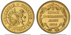 Switzerland Confederation 3-Piece Certified "Zurich 2000th Anniversary" Medallic Restrike Set 1986-CHI MS70 PCGS, 1) gold Medal (Ducat) . Design based on the gold Ducat from 1775 2) silver Medal (1/2 