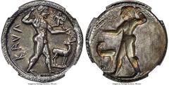 Ancients Greek BRUTTIUM. Caulonia. Late 6th century BC. AR stater (30mm, 8.24 gm, 12h). NGC AU 5/5 - 4/5, Fine Style, light marks. Ca. 520 BC. KAVΛ, full-length figure of Apollo, nude, advancing right