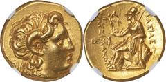 Ancients Greek THRACIAN KINGDOM. Lysimachus (305-281 BC). AV stater (18mm, 8.55 gm, 12h). NGC AU 5/5 - 4/5. Lifetime issue of Alexandria Troas, ca. 297-282 BC. Diademed head of deified Alexander III r