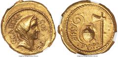 Ancients Roman Republic Julius Caesar, as Consul for the Third Time (46 BC), with Aulus Hirtius, as Praetor. AV aureus (19mm, 8.09 gm, 4h). NGC AU S 5/5 - 4/5. Rome. C•CAESAR-COS•TER, veiled female he