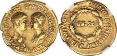 Ancients Roman Imperial Nero, as Augustus (AD 54-68), with Agrippina Junior. AV aureus (20mm, 7.62 gm, 6h). NGC Choice VF S 4/5 - 4/5. Rome, AD 54. AGRIPP AVG DIVI CLAVD NERONIS CAES MATER, confrontin