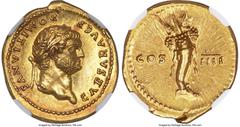 Ancients Roman Imperial Domitian, as Caesar (AD 81-96). AV aureus (21mm, 7.26 gm, 6h). NGC Choice AU 5/5 - 4/5, Fine Style. Rome, AD 76-77. CAESAR AVG F-DOMITIANVS, laureate head of Domitian right / C