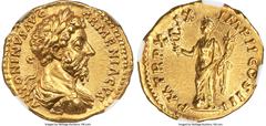 Ancients Roman Imperial Marcus Aurelius, as Augustus (AD 161-180). AV aureus (20mm, 7.25 gm, 2h). NGC Gem MS 5/5 - 5/5, Fine Style. Rome, AD 165. ANTONINVS AVG-ARMENIACVS, laureate, draped, and cuiras