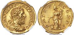 Ancients Roman Imperial Macrinus (AD 217-218). AV Aureus (20mm, 7.18 gm, 6h). NGC Choice MS S 5/5 - 4/5, Fine Style. Rome, December AD 217. IMP C M OPEL SEV-MACRINVS AVG, laureate, draped and cuirasse