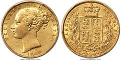 Great Britain Victoria gold '827' Sovereign 1863 AU55 PCGS, KM736.1, S-3852F, Marsh-46A (R6). No die number below the shield on reverse. Considered a significant trophy for Sovereign collectors, this 