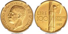 Italy Vittorio Emanuele III gold Matte Proof Prova "Fascist Anniversary" 100 Lire 1923-R PR62+ NGC, Rome mint, KM-Pr32, Mont-11 (R3), Pag-158 (R3). Struck to commemorate the first anniversary of the n