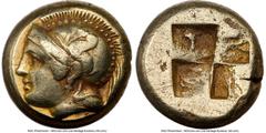 Ancients Greek IONIA. Phocaea. Ca. 477-388 BC. EL sixth-stater or hecte. NGC VF. Head of Athena left, wearing crested Attic helmet decorated with griffin; seal left below / Quadripartite incuse square