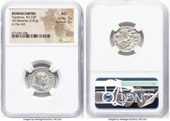 Ancients Roman Imperial Pupienus (April-July AD 238). AR denarius (21mm, 2.81 gm, 7h). NGC AU 3/5 - 3/5. Rome. IMP C M CLOD PVPIENVS AVG, laureate, draped, and cuirassed bust of Pupienus right, seen f