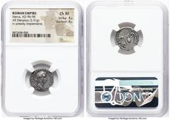 Ancients Roman Imperial Nerva (AD 96-98). AR denarius (18mm, 3.31 gm, 5h). NGC Choice XF 4/5 - 4/5. Rome, January AD 98. IMP NERVA CAES AVG-GERM P M TR P II, laureate head of Nerva right / IMP II-COS 