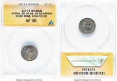 Ancients Roman Imperial Nerva (AD 96-98). AR denarius (17mm, 7h). ANACS VF 35, scratched. Rome, AD 97. IMP NERVA CAES AVG-P M TR P COS III P P, laureate head of Nerva right / IVSTITIA-AVGVST, Justitia