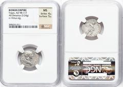 Ancients Roman Imperial Trajan (AD 98-117). AR denarius (18mm, 3.24 gm, 7h). NGC MS 4/5 - 5/5. Rome, AD 114-117. IMP CAES NER TRAIAN OPTIM AVG GERM DAC, laureate, draped bust of Trajan right, seen fro