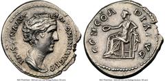 Ancients Roman Imperial Faustina Senior (AD 138-140/1). AR denarius (18mm, 6h). NGC XF, brushed. Rome, AD 138-139. FAVSTINA AVG-ANTONINI AVG P P, draped bust of Faustina Senior right, seen from front,