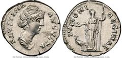 Ancients Roman Imperial Faustina Senior (AD 138-140/1). AR denarius (17mm, 7h). NGC XF, brushed. Rome, AD 139-141. FAVSTINA-AVGVSTA, draped bust of Faustina Senior right, seen from front, hair elabora