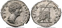 Ancients Roman Imperial Diva Faustina Senior (AD 138-140/1). AR denarius (19mm, 3.43 gm, 5h). NGC MS 5/5 - 3/5. Rome, AD 139-141. DIVA-FAVSTINA, draped bust of Diva Faustina Senior right, seen from fr