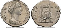 Ancients Roman Imperial Diva Faustina Senior (AD 138-140/1). AR denarius (18mm, 6h). NGC Choice VF. Rome, AD 141-161. DIVA-FAVSTINA, veiled, diademed, and draped bust of Diva Faustina Senior right, se