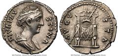 Ancients Roman Imperial Diva Faustina Senior (AD 138-140/1). AR denarius (18mm, 6h). NGC Choice VF. Rome, AD 141-161. DIVA FAV-STINA, draped bust of Diva Faustina Senior right, seen from front, hair e