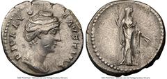 Ancients Roman Imperial Diva Faustina Senior (AD 138-140/1). AR denarius (18mm, 7h). NGC Choice VF, brushed. Rome, AD 141-161. DIVA-FAVSTINA, draped bust of Diva Faustina Senior right, seen from front