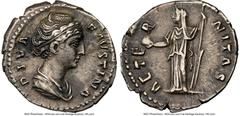Ancients Roman Imperial Diva Faustina Senior (AD 138-140/1). AR denarius (19mm, 6h). NGC Choice VF, light marks. Rome, AD 141-161. DIVA-FAVSTINA, draped bust of Diva Faustina Senior right, seen from f