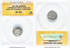 Ancients Roman Imperial Divus Marcus Aurelius (AD 161-180). AR denarius (17mm, 6h). ANACS VF 25. Rome, after AD 180. DIVVS M ANT-ONINVS PIVS, bare head of Divus Marcus Aurelius right / CONSE-CRATIO, f