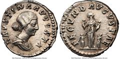 Ancients Roman Imperial Faustina Junior (AD 147-175/6). AR denarius (17mm, 11h). NGC XF, brushed, marks. Rome, AD 161-175/6. FAVSTINA AVGVSTA, draped bust of Faustina Junior right, seen from front, we