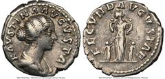 Ancients Roman Imperial Faustina Junior (AD 147-175/6). AR denarius (17mm, 6h). NGC Choice Fine, flan flaw. Rome, AD 161-175/6. FAVSTINA AVGVSTA, draped bust of Faustina Junior right, seen from front,
