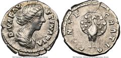 Ancients Roman Imperial Diva Faustina Junior (AD 147-175/6). AR denarius (19mm, 7h). NGC VF. Rome, ca. AD 176-180. DIVA FAV-STINA PIA, draped bust of Diva Faustina Junior right, seen from front, hair 
