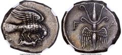 Ancients Greek ELIS. Olympia. Ca. 250-200 BC. AR drachm (19mm, 4.84 gm, 12h). NGC Choice VF 4/5 - 5/5. Eagle flying right, wings spread above and below body, grasping hare in its talons and tearing at
