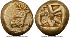 Ancients Greek IONIA. Ephesus. Phanes (ca. 625-600 BC). EL sixth-stater or hecte (10mm, 2.34 gm). NGC AU 5/5 - 4/5. Forepart of stag with patterned fur right, head reverted / Abstract geometric patter