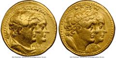 Ancients Greek PTOLEMAIC EGYPT. Ptolemy II Philadelphus (285/4-246 BC), with Arsinöe II, Ptolemy I, and Berenice I. AV mnaieion or octodrachm (27mm, 27.65 gm, 1h). NGC Choice Fine 5/5 - 3/5, edge mark