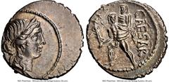 Ancients Roman Republic Julius Caesar, as Dictator (49-44 BC). AR denarius (19mm, 3.85 gm, 6h). NGC Choice AU 4/5 - 3/5, edge cuts. Military mint traveling with Caesar in North Africa, ca. 48-46 BC. H
