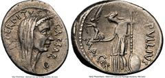 Ancients Roman Republic Julius Caesar, as Dictator Perpetuo (ca. February-March 44 BC), with Publius Sepullius Macer, as Moneyer. AR denarius (19mm, 3.98 gm, 4h). NGC Choice VF 4/5 - 3/5, graffito, ma