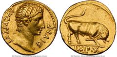 Ancients Roman Imperial Augustus (27 BC-AD 14). AV aureus (19mm, 7.85 gm, 5h). NGC Choice VF 5/5 - 2/5, ex-jewelry. Lugdunum, 15-13 BC. AVGVSTVS-DIVI•F, bare head of Augustus right / IMP•X, bull charg