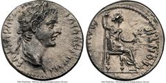 Ancients Roman Imperial Tiberius (AD 14-37). AR denarius (18mm, 3.58 gm, 1h). NGC AU 4/5 - 2/5, brushed. Lugdunum, ca. AD 18-35. TI CAESAR DIVI-AVG F AVGVSTVS, laureate head of Tiberius right / PONTIF