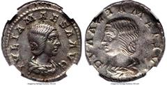 Ancients Roman Imperial Ancients Julia Maesa (AD 218-224/5). AR denarius (19mm, 2.90 gm, 12h). NGC Choice XF S 3/5 - 4/5, brockage. Rome. IVLIA MAESA AVG, draped bust of Julia Maesa right, hair waved 