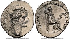 Ancients Roman Imperial Tiberius (AD 14-37). AR denarius (19mm, 3.53 gm, 5h). NGC AU 4/5 - 2/5, brushed. Lugdunum, ca. AD 18-35. TI CAESAR DIVI-AVG F AVGVSTVS, laureate head of Tiberius right / PONTIF