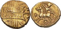 Catuvellauni & Trinovantes. Tasciovanus (ca. 25-10 BC). AV stater (5.43 gm). TASCIO / RICON in two lines in rectangular panel on vertical open wreath; pellets to either side of panel / Celticized hors
