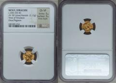 Syracuse. Timoleon and the Third Democracy (344-317 BC). AV 30 litrae (2.12 gm). Ca. 344-339/8 BC. IEYΣ EΛEY[ΘEPIOΣ], laureate head of Zeus left / ΣYP-A-KOΣIΩN, Pegasus flying left; in left field, mon